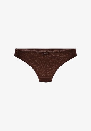 Lace bikini-style underwear in rich brown, featuring floral patterns, a smooth waistband, and a small bow accent at the front center.