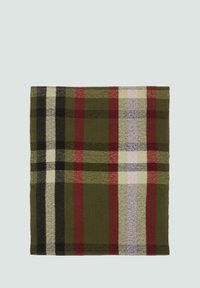 Geweven plaid deken met een motief van groene, rode, zwarte en paarse ruiten, met een zachte textuur en rechte randen.