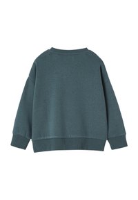 Türkiser Sweatshirt mit lockerem Schnitt, rundem Halsausschnitt und gerippten Bündchen. Weicher Stoff mit glatter Textur, der ein minimalistisches Design zeigt.