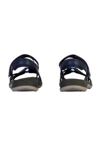 Navy blue sandals with a lightweight design, featuring multiple adjustable straps, a gray sole, and a textured footbed for grip.