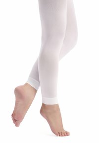 Weiße Leggings aus glattem, elastischem Stoff, mit einer figurbetonten Passform und elastischen Bündchen an den Knöcheln.