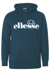Navyblaues Kapuzensweatshirt aus Baumwollmix, mit einem großen weißen Logo auf der Vorderseite, Kängurutasche und gerippten Bündchen und Saum.