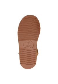 Bruine rubberen zool met getextureerde groeven en richels. Bevat een logo dat is geperst in de vorm van Australië, wat het merk aangeeft.