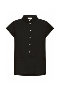 Blusa nera a maniche corte con colletto e sei bottoni bianchi sul davanti.