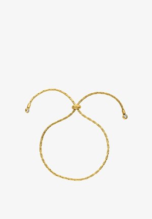 Goldene Kettenarmband mit zwei gebogenen Enden, von denen jedes mit einem kleinen klaren Kristalldetail versehen ist. Hergestellt mit einem filigranen, verlinkten Design.