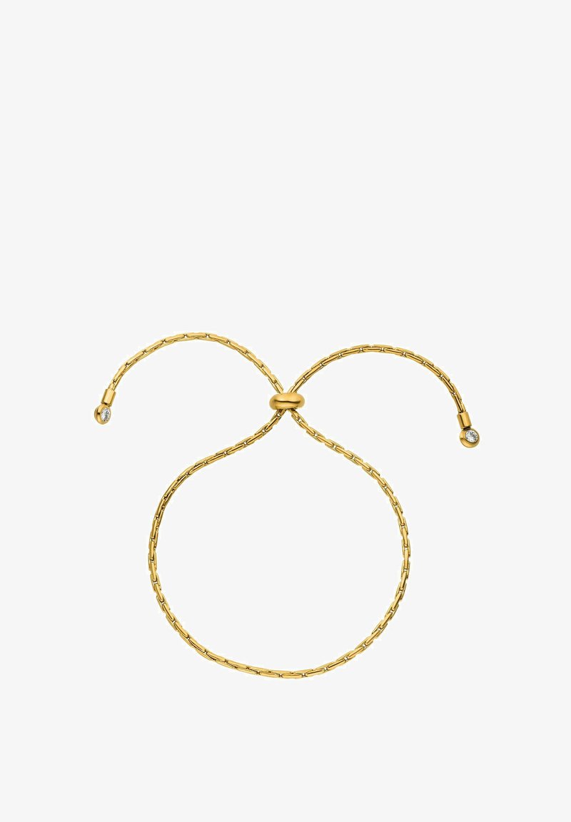 Goldene Kettenarmband mit zwei gebogenen Enden, von denen jedes mit einem kleinen klaren Kristalldetail versehen ist. Hergestellt mit einem filigranen, verlinkten Design.