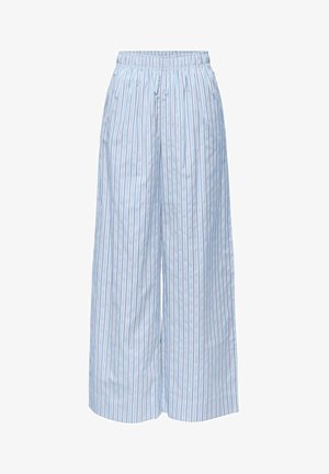 Lyseblå bukser med vide ben med lodrette hvide og brune striber, elastisk talje og løs pasform.