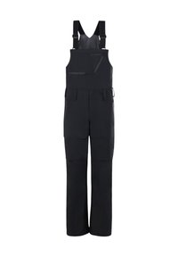 Czarne ogrodniczki wykonane z trwałego materiału, z regulowanymi ramiączkami, wieloma kieszeniami oraz kieszenią na zamek błyskawiczny na piersi. Gładka tekstura.