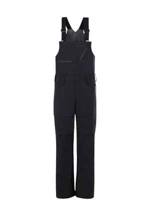 Salopette nera realizzata in tessuto resistente, con bretelle regolabili, molteplici tasche e una tasca sul petto con zipper. Texture liscia.
