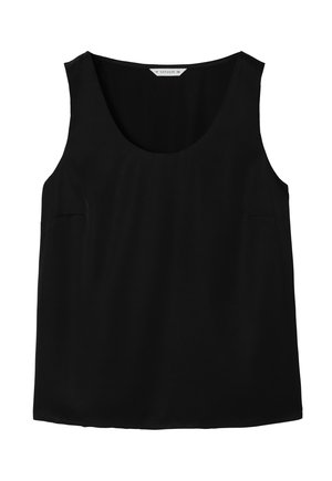 Mustaton hihaton paita, jossa on pyöreä kaula-aukko, sileä kangas ja rento istuvuus.