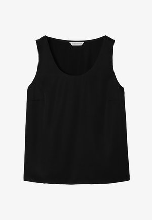 Mouwloze zwarte blouse met een ronde hals, gladde stof en een relaxte pasvorm.