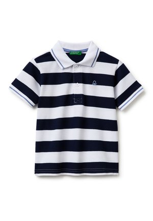 Poloshirt met korte mouwen met marineblauwe en witte horizontale strepen, twee knopen en een klein geborduurd logo op de linkerbovenkant.