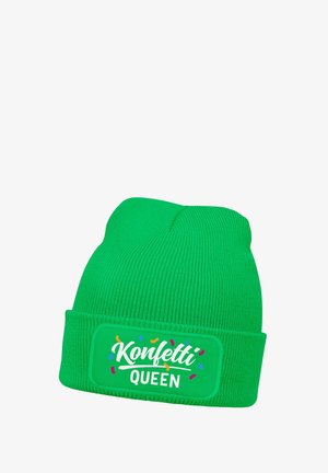 Bright green knit beanie with folded cuff displaying "Konfetti Queen" text and colorful confetti graphics on patch.