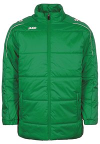 Giacca a vento verde con colletto alto, cerniera frontale e due tasche laterali. Presenta accenti bianchi e un logo sulla parte superiore sinistra del petto.