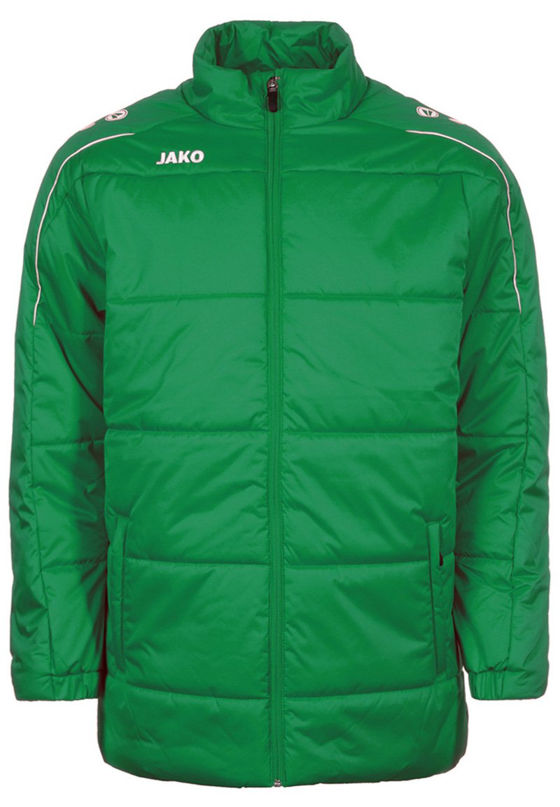 Giacca a vento verde con colletto alto, cerniera frontale e due tasche laterali. Presenta accenti bianchi e un logo sulla parte superiore sinistra del petto.