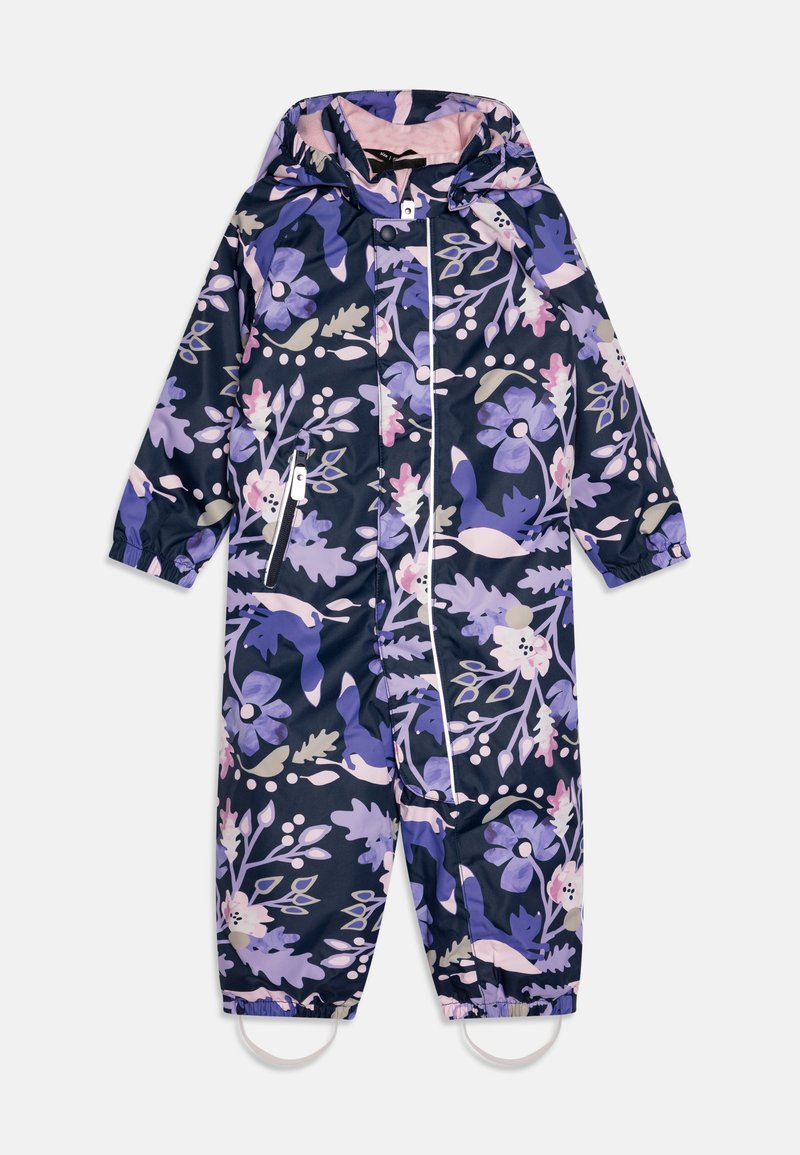 Buitenpak met bloemmotief in marineblauw, met tinten paars en roze. Gemaakt van waterdicht materiaal met een ritssluiting en elastische manchetten.