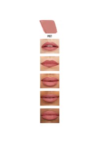 La teinte de rouge à lèvres "Poet" présentée sur différentes lèvres. La couleur est un rose doux et atténué avec une finition mate. L'échantillon en haut montre la texture.