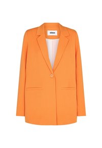 Oranžový blazer s klopami, zapínání na jeden knoflík a dvěma předními kapsami; vyrobený z hladkého materiálu s přiléhavým střihem.