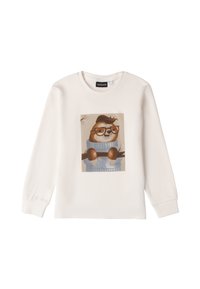 Felpa bianca a maniche lunghe con una grafica di un bradipo sorridente con occhiali che indossa un maglione blu, impreziosita da bottoni di legno rotondi sulle maniche.