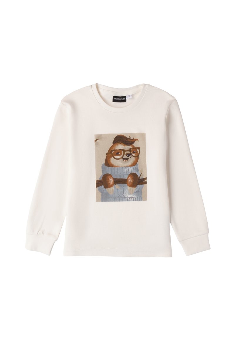 Felpa bianca a maniche lunghe con una grafica di un bradipo sorridente con occhiali che indossa un maglione blu, impreziosita da bottoni di legno rotondi sulle maniche.