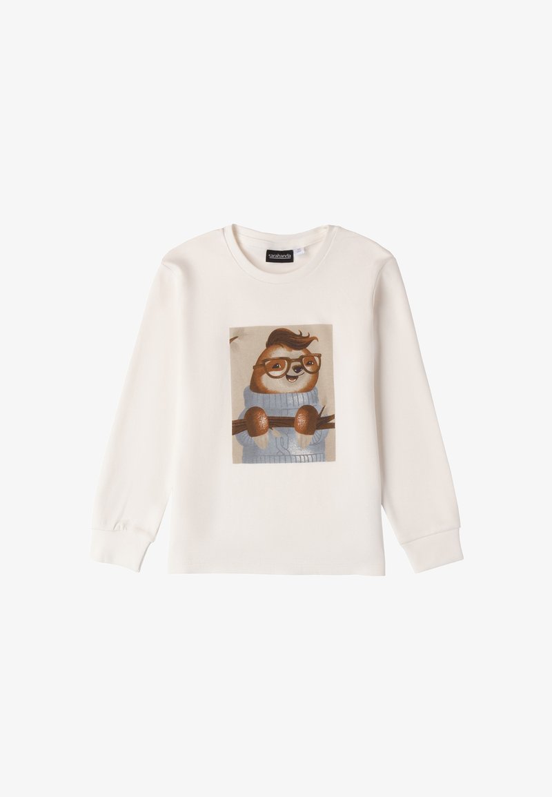 Felpa bianca a maniche lunghe con una grafica di un bradipo sorridente con occhiali che indossa un maglione blu, impreziosita da bottoni di legno rotondi sulle maniche.