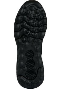 Suela de zapato de goma negra con un patrón texturizado que presenta múltiples formas circulares y ovaladas, ranuras y orificios de ventilación para transpirabilidad.