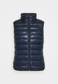 Granatowa kamizelka puffer z wysokim kołnierzem, gładką błyszczącą teksturą, poziomym pikowaniem oraz centralnym zapięciem na zamek błyskawiczny. Bez rękawów.
