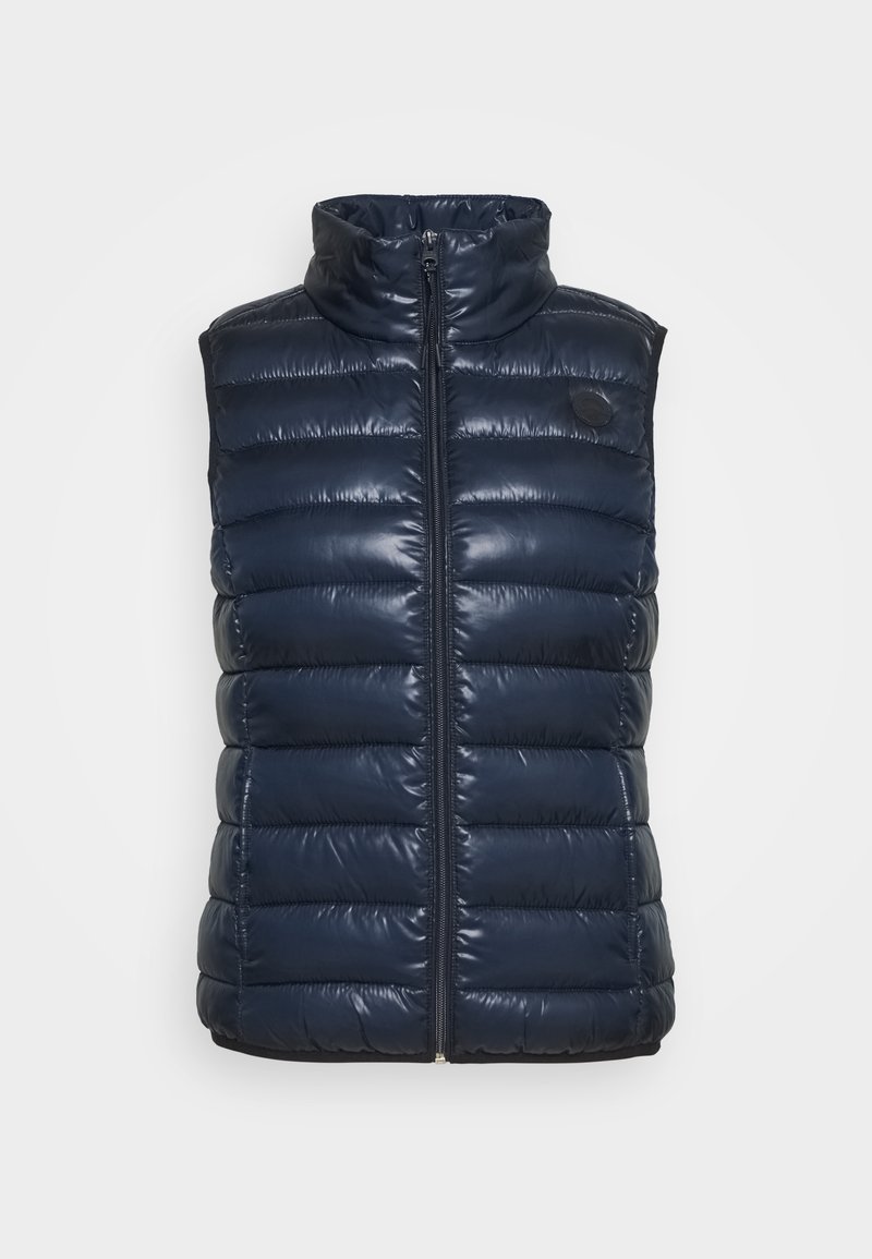 Granatowa kamizelka puffer z wysokim kołnierzem, gładką błyszczącą teksturą, poziomym pikowaniem oraz centralnym zapięciem na zamek błyskawiczny. Bez rękawów.