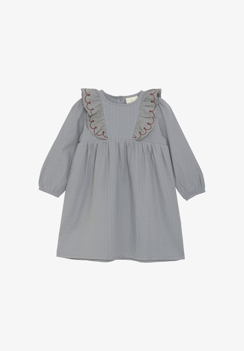 Vestito per bambino a maniche lunghe grigio chiaro con pannelli con volant sulle spalle che presentano dettagli ricamati a forma di conchiglia rossa.