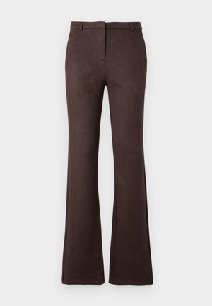 Braune, weit geschnittene Hose aus weichem Stoff mit glatter Textur. Verfügt über einen vorderen Reißverschluss, Gürtelschlaufen und eine klare, maßgeschneiderte Silhouette.