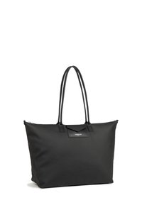 Borsa a sacco in nylon nera con due lunghe maniglie nere, chiusura con zip e una piccola tasca frontale triangolare con etichetta logo.