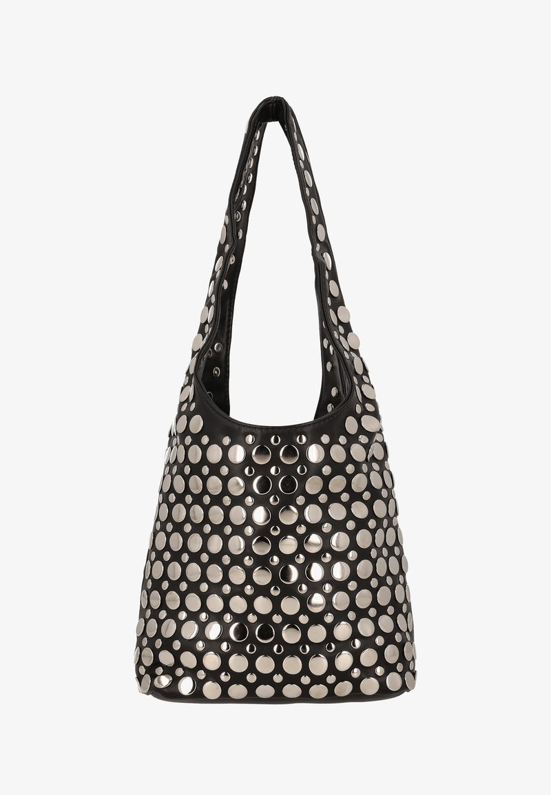 Geantă de umăr din piele neagră, cu ținte rotunde argintii mari și mici care acoperă întreaga suprafață și bretea.
