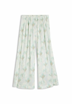 Pantalon à jambes larges et taille haute avec une ceinture élastique douce, présentant un motif floral pastel clair sur fond blanc.