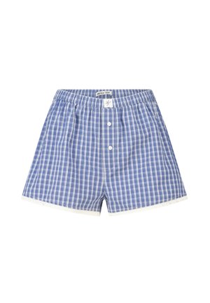 Blue and white checkered cotton boxer shorts with button fly and elastic waistband on a white background.