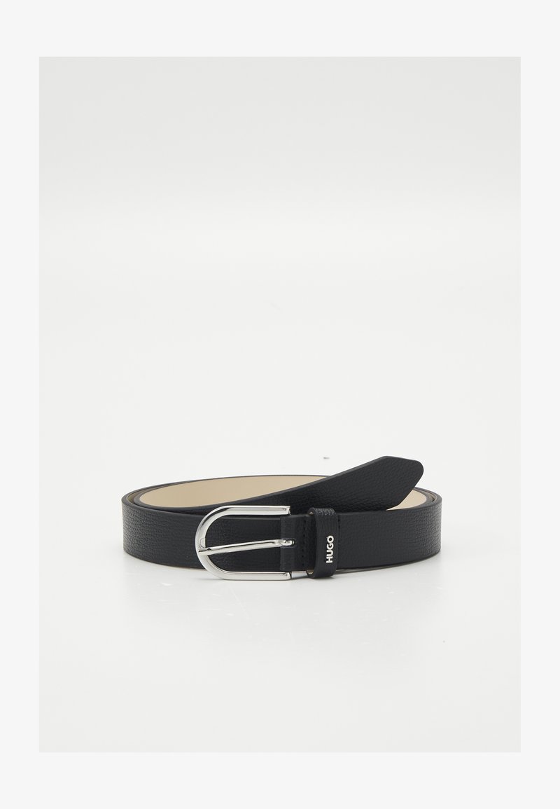 Black leather belt with a textured finish, silver metal buckle, and embossed logo. Simple design with standard width and tapered end.