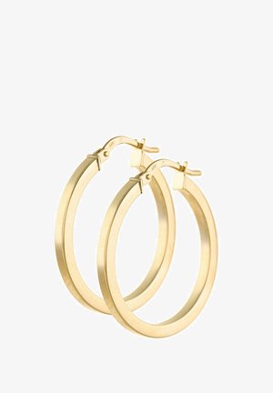 Gold-tone hoop earrings with a round shape. Made of metal, featuring a smooth texture and a hinged clasp for secure wearing.