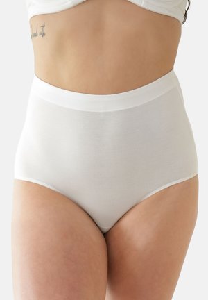 High-waisted white cotton underwear with a smooth texture, elastic waistband, and no visible patterns or hardware details.