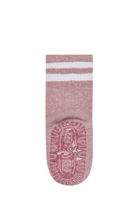 Kindersocke in Pink mit weißen Streifen und rutschsicherem Sohlenmuster von unten auf weißem Hintergrund betrachtet.