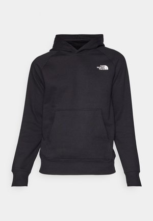 Black hoodie with a front kangaroo pocket, ribbed cuffs, and hem. Features a white logo on the upper left chest. Made from soft fabric.