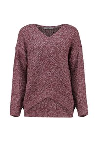Bordeauxfarbener V-Ausschnitt-Pullover mit lockerer Passform, strukturiertem Strickmuster, fallenden Schultern und geripptem Saum. Enthält helle Sprenkel von weißem Garn.