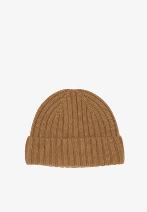 Braune Strickmütze aus weicher Wolle, mit geripptem Muster und umgeschlagenem Saumdesign für zusätzlichen Wärme- und Stil.