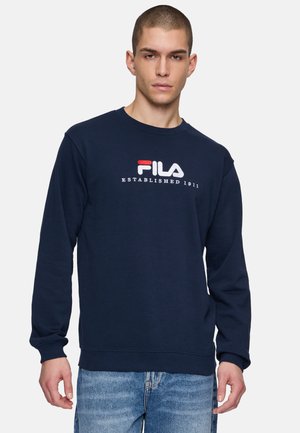 Donkermarijnen sweatshirt gemaakt van katoen, met een ronde halslijn, lange mouwen en geborduurd "FILA" logo met rode en witte accenten.