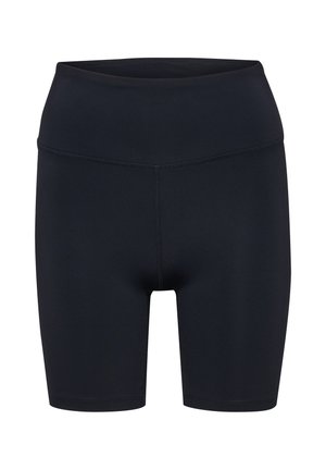 Høj-taljede sorte atletiske shorts med glat stof og flade sømme, designet til en tæt og behagelig pasform.