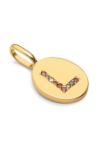 Colgante ovalado de oro con un diseño elevado en forma de "V" adornado con piedras preciosas de varios colores, con un acabado liso y pulido.