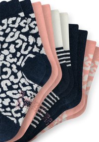 Set of seven socks featuring various colors: navy with white patterns, light pink, cream with stripes, and pale pink with small patterns.
