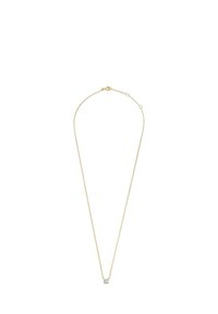 Goldene Halskette mit einem zarten, dünnen Design und einem kleinen, klaren Anhänger in der Mitte. Die Oberfläche ist glatt und poliert.