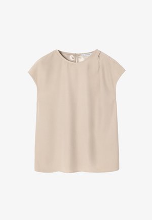 Smėlinis trumpas rankovės bluzonas iš lygaus audinio, turi apvalų kaklą ir užtrauktuką nugaros pusėje. Paprasta, laisva silueto forma be raštų.