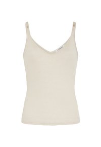Débardeur beige à col en V avec de fines bretelles, fabriqué à partir d'un tissu doux et scintillant. Présente une petite étiquette de marque à l'épaule.