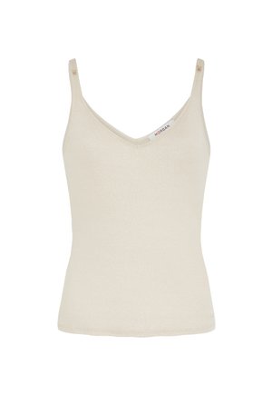 Top in cotone beige con scollo a V e spalline sottili, realizzato in un tessuto morbido e luccicante. Presenta un piccolo etichetta del marchio sulla spalla.