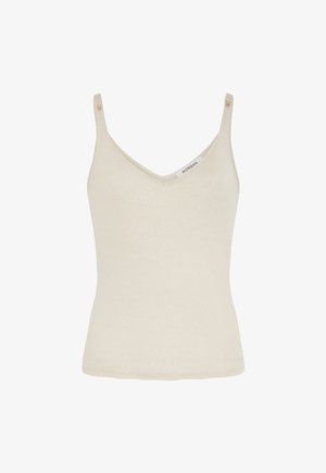 Top in cotone beige con scollo a V e spalline sottili, realizzato in un tessuto morbido e luccicante. Presenta un piccolo etichetta del marchio sulla spalla.